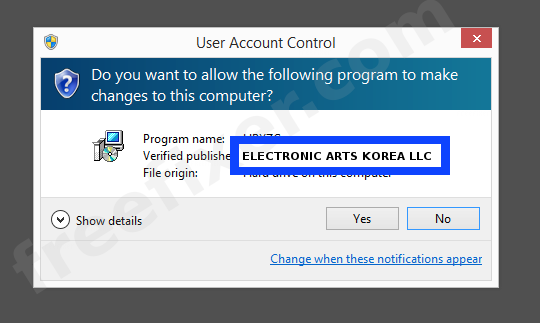 Screenshot where ELECTRONIC ARTS KOREA LLC appears as the verified publisher in the UAC dialog